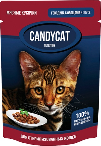 Корм влажный для взрослых стерилизованных кошек GINA Candycat  кусочки в соусе говядина овощи (85 г)