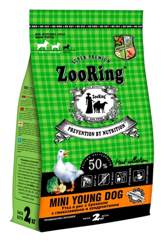 Корм сухой для молодых собак мини пород ZOORING Mini Young Dog с уткой и рисом с брокколи с глюкозамином и хондроитином, без пшеницы (2 кг)