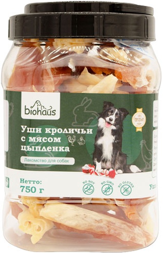 Лакомство для собак BIOHAUS уши кроличьи с мясом цыпленка (750 г)