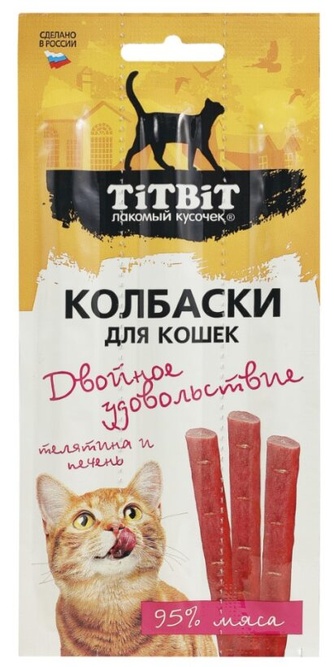 Лакомство для кошек TITBIT лакомый кусочек двойное удовольствие колбаски с телятиной и печенью (15 г)