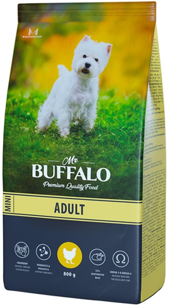 Корма сухой для взрослых собак миниатюрных пород MR. BUFFALO Adult Mini курица (0,8 кг)