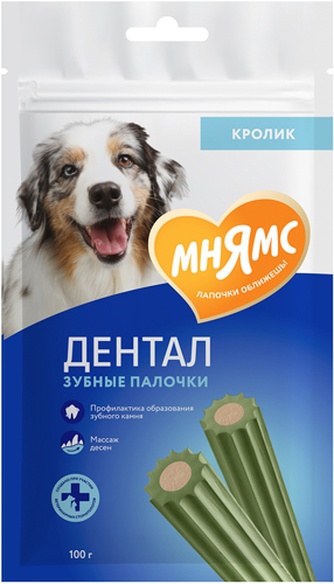 Лакомство для собак МНЯМС дентал зубные палочки с кроликом и хлорофиллом (100 г)