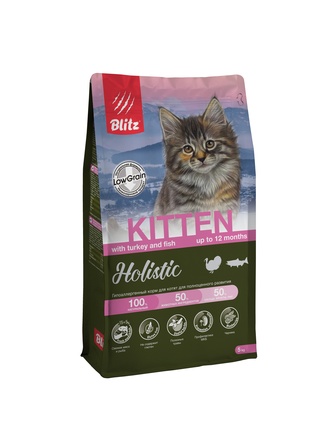 Корм сухой для котят, беременных и кормящих кошек BLITZ Holistic Kitten с индейкой и рыбой (5 кг)