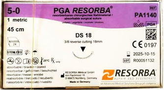 Игла RESORBA PGA DS 18, 5/0 USP, 1 metric, режущая неокрашенная 3/8 круга (45 см)
