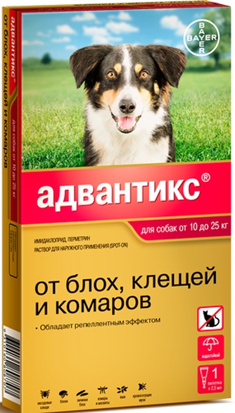 Капли для собак 10-25кг BAYER Адвантикс от блох, клещей и комаров (2,5 мл/1 пипетка)