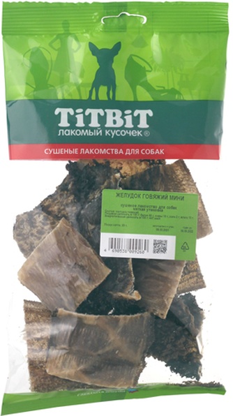 Лакомство для собак мелких пород TITBIT Лакомый кусочек Желудок говяжий мини (50 г)