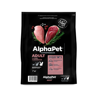 Корм сухой для взрослых кошек и котов ALPHAPET Superpremium с уткой и цыпленком (7 кг)
