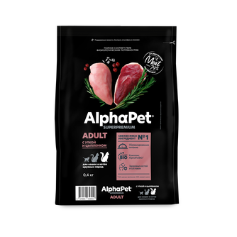 Корм сухой для взрослых кошек и котов ALPHAPET Superpremium с уткой и цыпленком (0,4 кг)