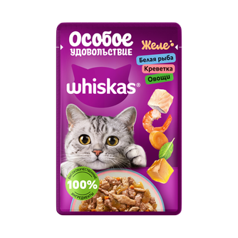 Корм влажный для взрослых кошек WHISKAS Особое удовольствие желе с белой рыбой, креветкой и овощами (75 г)