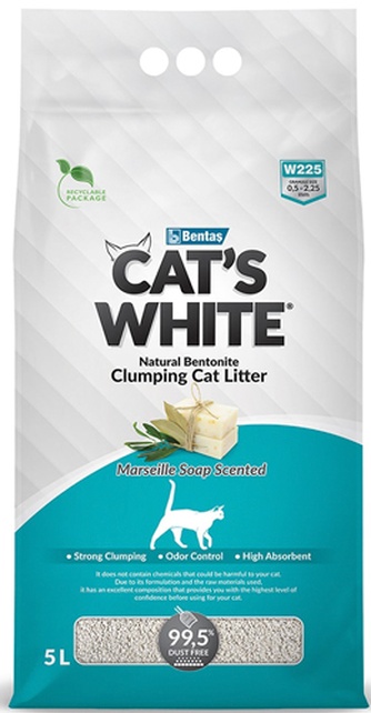 Наполнитель комкующийся бентонитовый для кошек CAT'S WHITE Marseille Soap Scented с ароматом марсельского мыла (5 л)