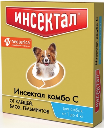 Капли для собак от 1 до 4 кг NEOTERICA Инсектал Комбо от клещей, блох, гельминтов (пипетка 0,4 мл)