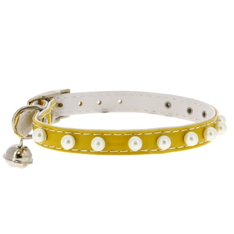 Ошейник двойной для кошек КАСКАД Синтетик прошитый с жемчугом и бубенчиком желтый (10 мм*30 см)