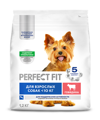 Корм сухой для собак мелких и миниатюрных пород PERFECT FIT для поддержания активности с говядиной (1,2 кг)