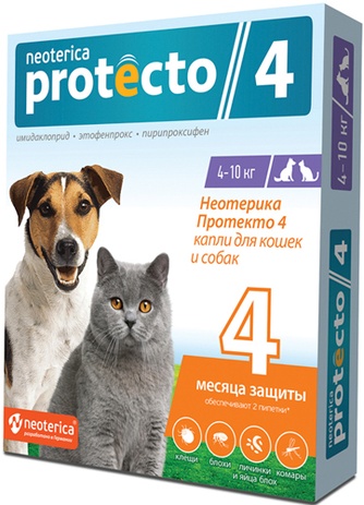 Капли для кошек и собак 4-10кг NEOTERICA Protecto на холку от блох и клещей (1 мл/2 пипетки)