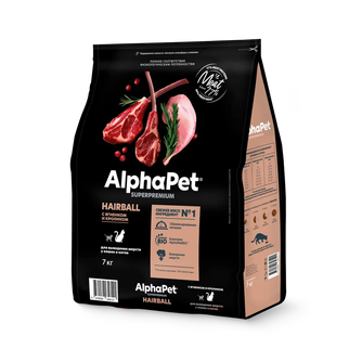 Корм сухой для кошек и котов ALPHAPET Superpremium для выведения шерсти с ягненком и кроликом (7 кг)