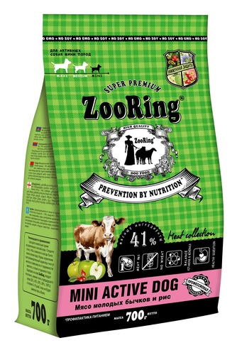 Корм сухой для активных собак мини пород ZOORING Mini Active Dog с мясом молодых бычков и рисом, без пшеницы (700 г)