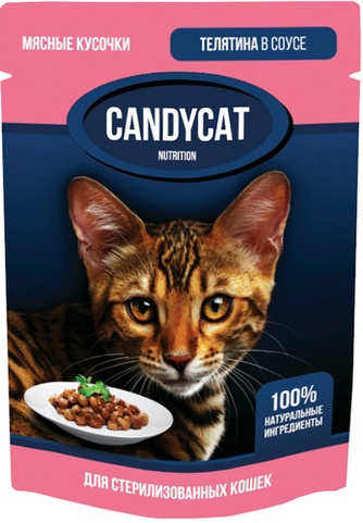 Корм влажный для взрослых стерилизованных кошек GINA Candycat  кусочки в соусе телятина (85 г)