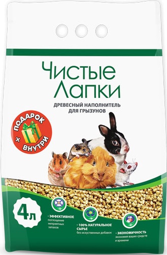 Наполнитель впитывающий древесный для грызунов ЧИСТЫЕ ЛАПКИ (4 л)