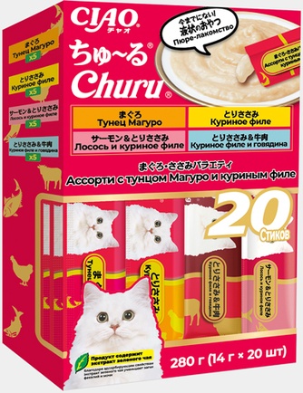 Лакомство для кошек INABA ciao churu асссорти с тунцом Магуро и куриным филе (20 шт/14 г)
