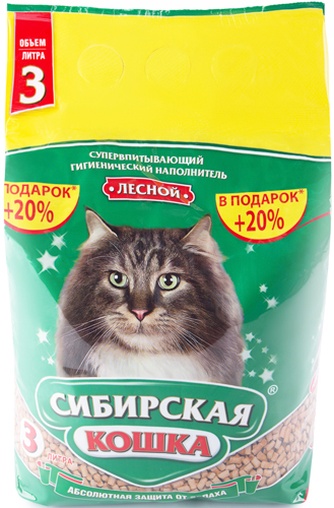 Наполнитель впитывающий древесный для кошек СИБИРСКАЯ КОШКА Лесной (3 л)