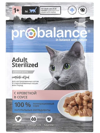 Корм влажный для взрослых стерилизованных кошек и кастрированных котов PROBALANCE Adult Sterilized с креветками в соусе (85 г)