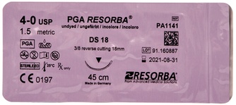 Нить RESORBA PGA DS 18, 4/0 USP, 1,5 metric шовная, игла режущая 3/8 круга (45 см)