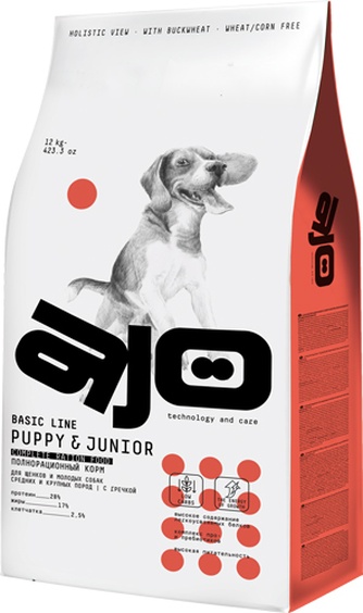 Корм сухой для щенков средних и крупных пород AJO Puppy & Junior с гречкой (12 кг)