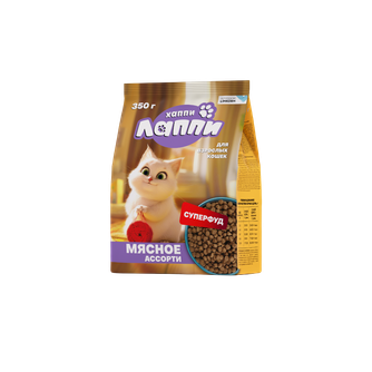 Корм сухой для взрослых кошек ХАППИ ЛАППИ мясное ассорти (350 г)