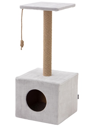 Когтеточка-столбик для кошек RICH BREED куб с площадкой, джут, светло-серый (35*35*85 см)