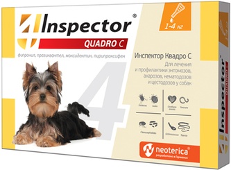 Капли для собак 1-4 кг NEOTERICA Inspector Quadro для лечения и профилактики энтомозов, акарозов, нематодозов и цестодозов (0,4 мл/1 шт)