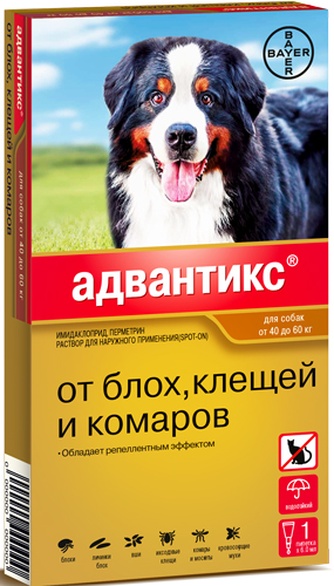 Капли для собак 40-60кг BAYER Адвантикс от блох, клещей и комаров (6 мл/1 пипетка)