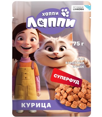 Корм влажный для взрослых кошек ХАППИ ЛАППИ кусочки с курицей (75 г)