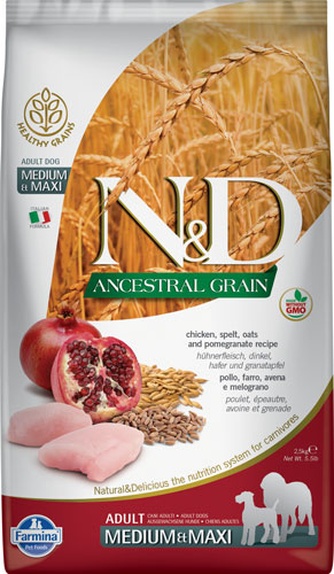 Корм сухой для собак FARMINA 00000011272 N&D Ancestral Grain Adult курица, спельта, овес и гранат, беззерновой (2,5 кг)