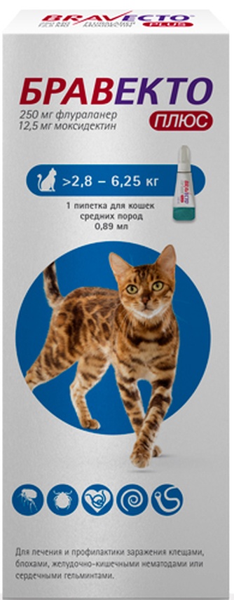 Капли для кошек  2,8-6,25 кг MSD Бравекто Плюс 250 мг от клещей и блох (1 пипетка)