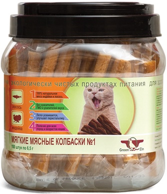 Лакомство для кошек GREEN QZIN Подвижность №1 Колбаски Мягкие Лосось/Индейка (100шт/650г)
