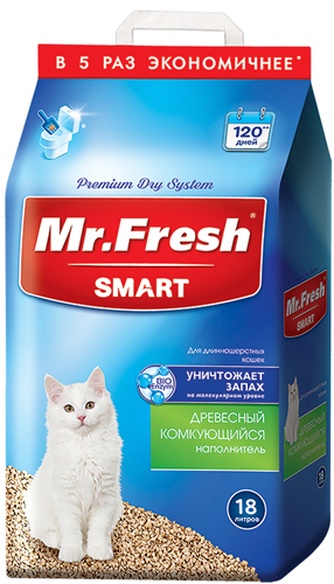 Наполнитель комкующийся древесный для длинношерстных кошек MR.FRESH Smart (18 л/8,8 кг)