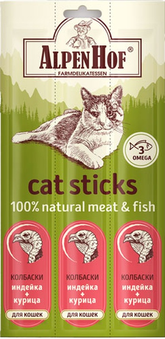 Лакомство для кошек ALPENHOF Cat Sticks колбаски индейка, курица (3 шт)