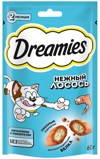 Лакомство для кошек DREAMIES подушечки с лососем (60 г)