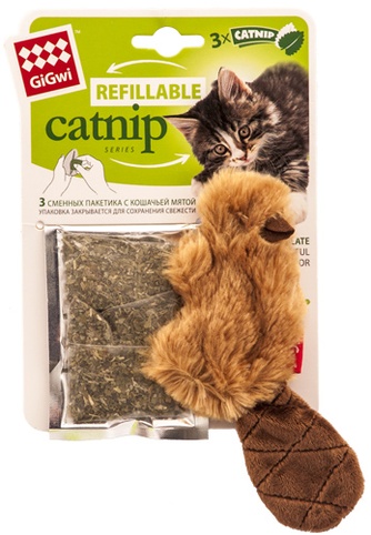 Игрушка для кошек GIGWI Refillable catnip Бобер с кошачьей мятой (16 см/3 шарика мяты)