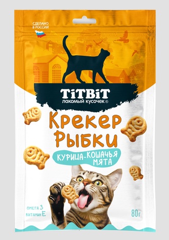Лакомство для кошек TITBIT лакомый кусочек крекер с курицей и кошачьей мятой рыбки (80 г)