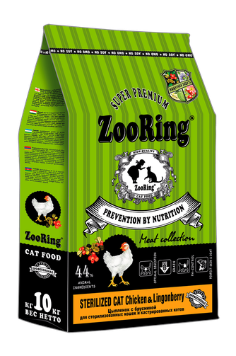 Корм сухой для стерилизованных и кастрированных кошек и котов ZOORING Sterilised Cat Chicken&Ligonberry с цыпленоком и брусникой (10 кг)