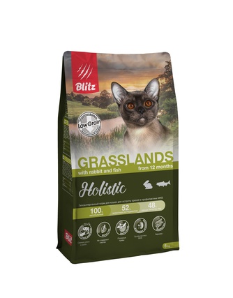 Корм сухой для взрослых кошек BLITZ Holistic Grasslands с кроликом и рыбой (5 кг)