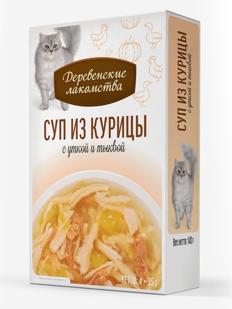 Лакомство для кошек ДЕРЕВЕНСКИЕ ЛАКОМСТВА Суп из курицы с уткой и тыквой (4 шт/35 г)