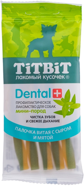 Лакомство для собак мелких пород миниатюрных пород TITBIT Лакомый кусочек Dental+ палочка витая с сыром и мятой (40г)