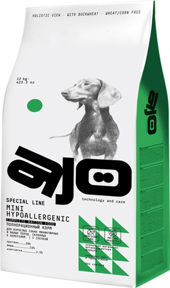 Корм сухой для взрослых собак мелких пород AJO Mini Hypoallergenic склонных к аллергии, с гречкой (12 кг)