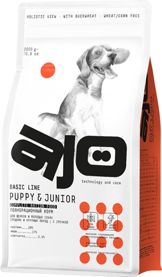 Корм сухой для щенков средних и крупных пород AJO Puppy & Junior с гречкой (2 кг)