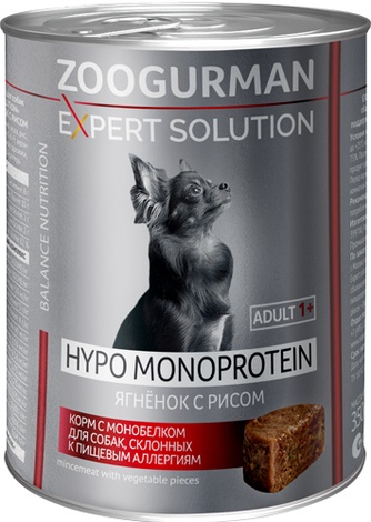 Корм влажный для собак ЗООГУРМАН Expert Solution Hypo Monoprotein склонных к пищевым аллергиям с ягненком и рисом с монобелком (350 г)