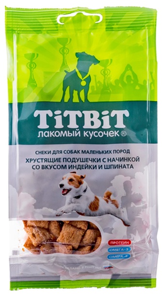 Лакомство для собак мелких пород мелких пород TITBIT Лакомый кусочек Подушечки индейка шпинат (95 г)