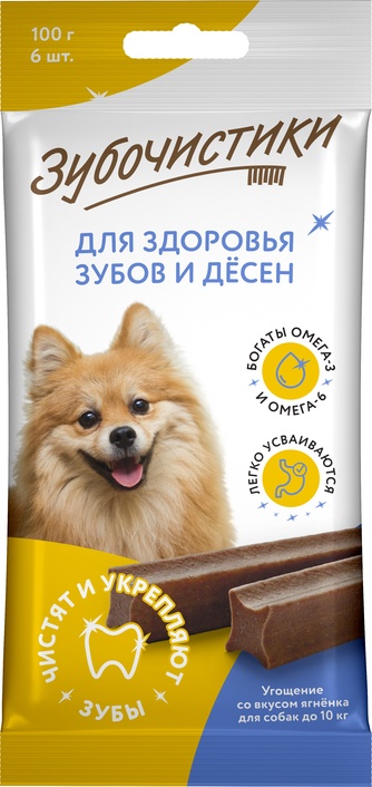 Лакомство для собак до 10 кг ЗУБОЧИСТИКИ жевательные палочки со вкусом ягненка (6 шт/100 г)