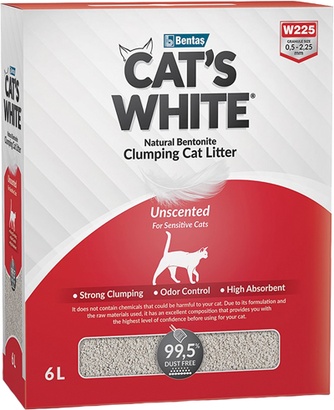 Наполнитель комкующийся бентонитовый для кошек CAT'S WHITE Unscented без ароматизатора (6 л)